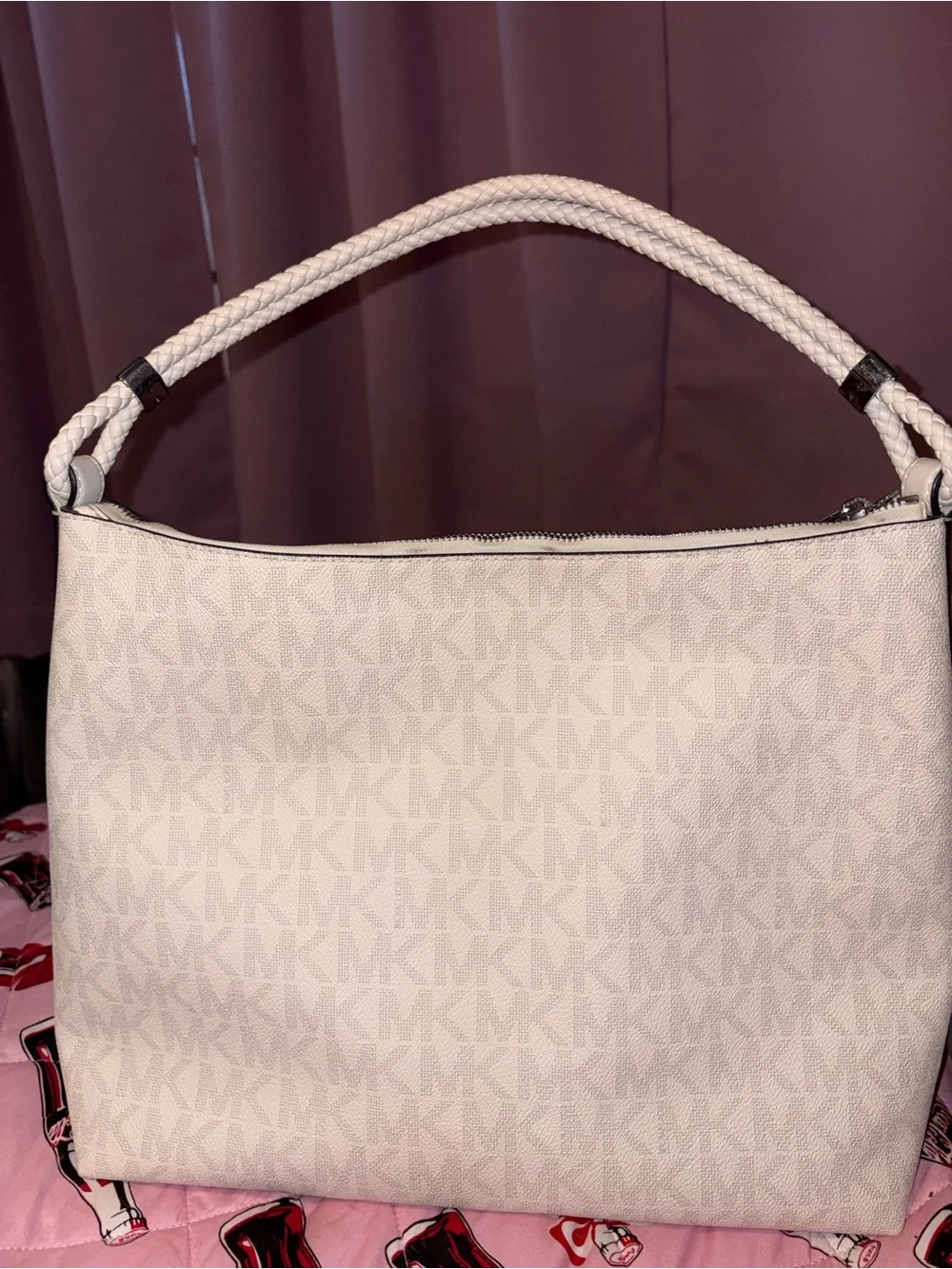 Pre loved / lightly used Michael Kors Cream Signature Braided-Handle Hobo